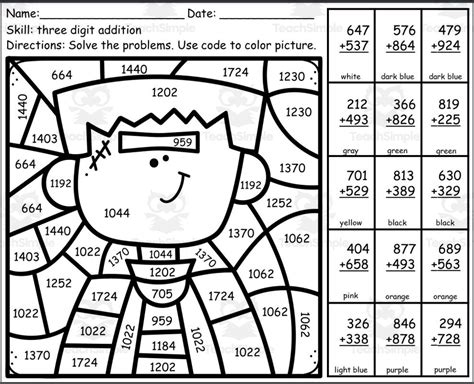 HALLOWEEN COLOR BY NUMBER CODE 3 DIGIT ADDITION WITH REGROUPING MATH PRACTICE by Teach Simple