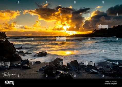 Majestic Sunrise, Black Sand Beach, Road to Hana, Waianapanapa State Park, Maui Hawaii, USA ...