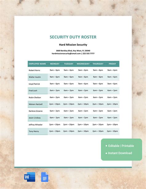 Security Duty Roster Template in Google Docs, Word - Download | Template.net