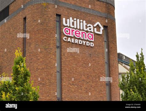 Cardiff, Wales - 1 October 2023: Sign on the outside of the Utilita Arena concert venue in ...