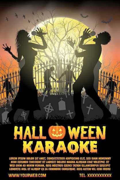 Premium Vector | Halloween zombie singing karaoke music at cemetery poster