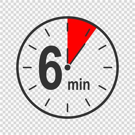 Clock icon with six minute time interval. Countdown timer or stopwatch symbol with 6 min text ...