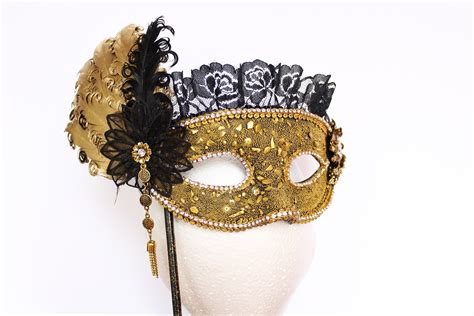 Gold Crystal Masquerade Mask for Masked ball Black stick mask Mardi Gras fifty shades feather ...