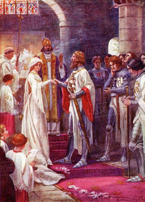 The Marriage of King Arthur and Guinevere. Coloured illustration from ...