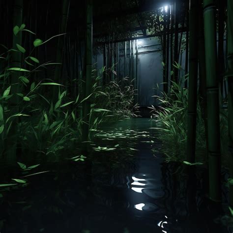 Premium Photo | Bamboo forest at night with reflection in the water