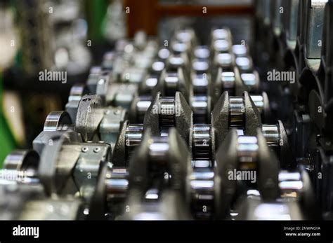 Automotive engine assembly line, set of crankshaft ready to be ...