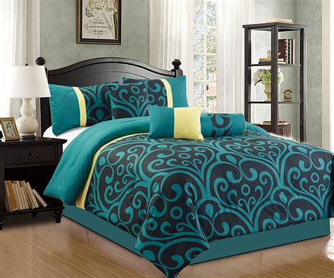 Addison 7 Piece Modern Comforter Set Teal Blue, Black & Yellow (857) - Queen Size - Walmart.com