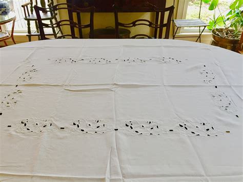 Vintage White Linen Tablecloth, Floral Cutwork Tablecloth Rectangular ...