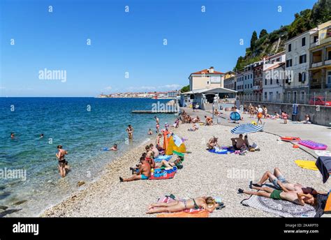 Beach in Piran, Slovenia Stock Photo - Alamy