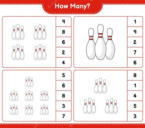 Premium Vector | Counting game how many bowling pin educational children game printable worksheet