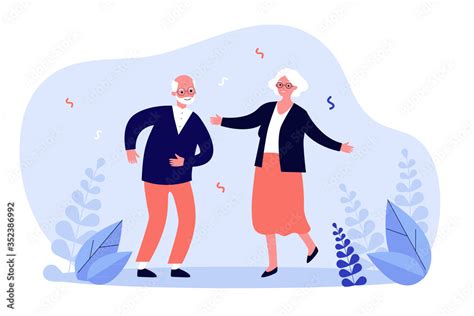 Active funny old couple dancing at party. Grandparents celebrating anniversary. Vector ...