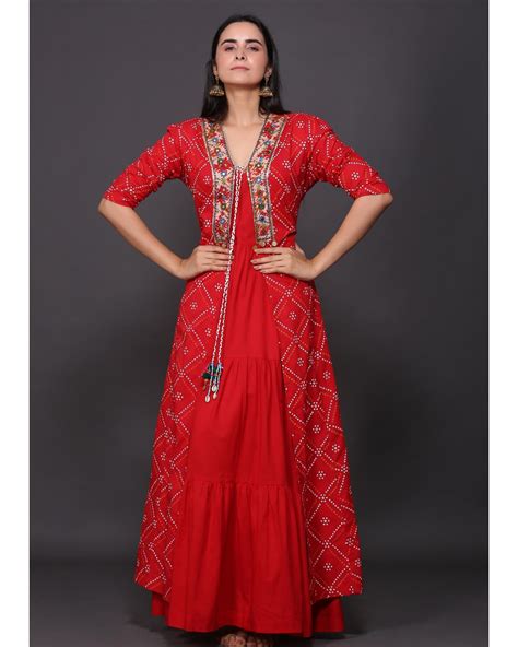 Cherry red dress with embroidered jacket - Set of two by Kyeth | The Secret Label