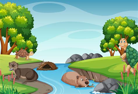 River in the forest scene with wild animals 5358481 Vector Art at Vecteezy