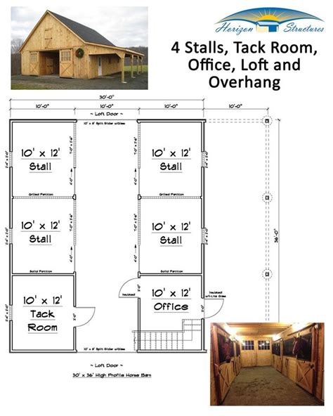 This barn has it all! 30x36 "high profile" modular barn with 4 stalls, tack/feed room, office ...