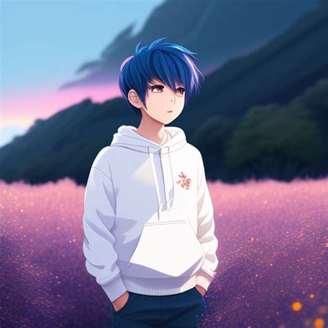 unusual-wasp105: anime boy wearing blue sweater with hoodie and standing outside in a sunny ...