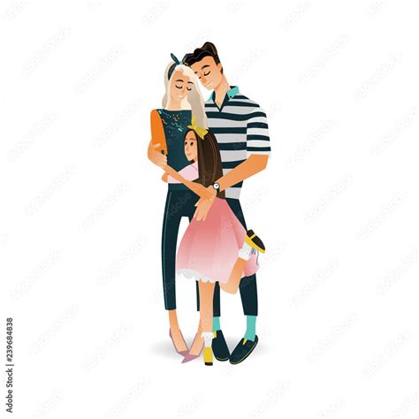 Happy family vector illustration with hugging of parents and daughter in cartoon style isolated ...