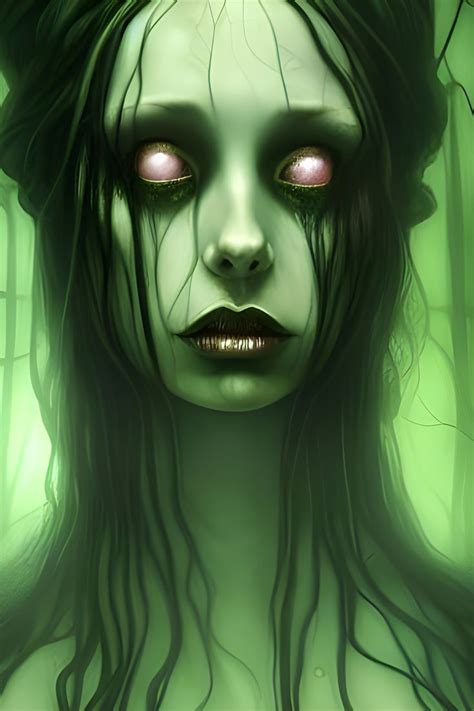 Digital art of a ghostly young pale skinned woman with dark lips. Her ...