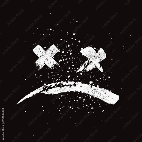 Grunge textured hand drawn styled sad face emoji. White on black background. Bad emotion or bad ...