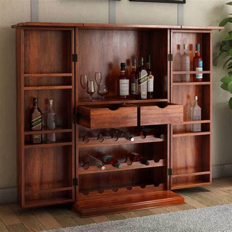 Expandable Rosewood Rustic Bar Cabinet with Bottle Storage and Wine Rack