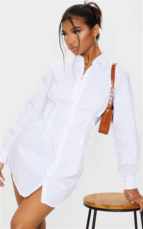 White Fitted Waist Long Sleeve Shirt Dress | PrettyLittleThing USA