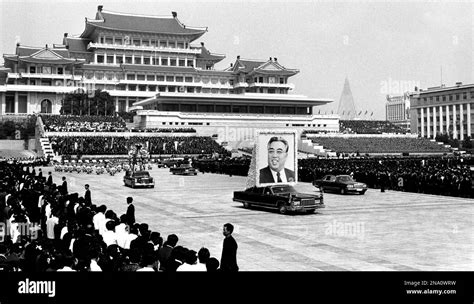 A scene from Kim Il Sung Square, the main plaza in central Pyongyang, of Koreans bidding their ...