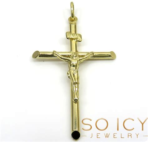 14k Yellow Gold Large Jesus Tube Cross Pendant