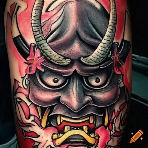 Hanya samurai mask neotraditional tattoo on a hand