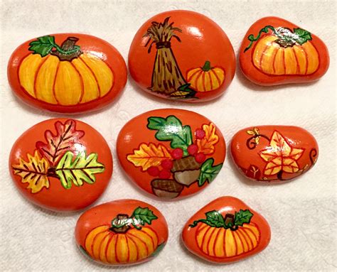 Painted Rocks Thanksgiving Halloween Leaves Pumpkins Fall Harvest ...