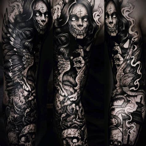 Demon and skulls with wings done in blackwork. A favorite darker piece. #demon #demons #macabre ...