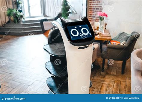 Robot Waiter Serve Food at Modern Restaurant Table.Offering Innovation Futuristic High-tech ...