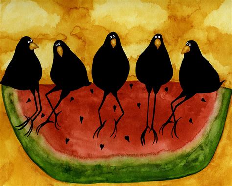 Hubbs Art Folk Prints Whimsical Funny Bird Crow Blackbirds Picnic Watermelon Painting by Debi ...