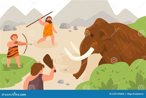 Stone Age Hunting. Ancient Men Chasing Mammoth Animal, Angry Caveman Pursuit Prey, Neolithic ...