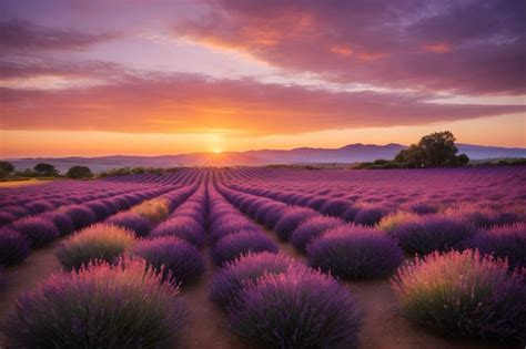 Premium AI Image | A landscape of a lavender flower field at sunset