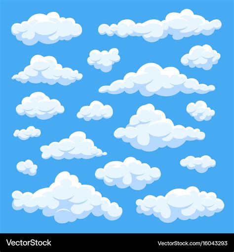 Fluffy white cartoon clouds in blue sky set Vector Image