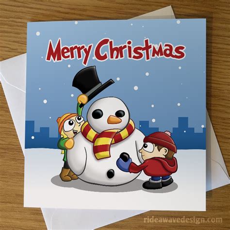 Snowman Christmas Card | Cartoon Greeting Cards - Ride a Wave Design