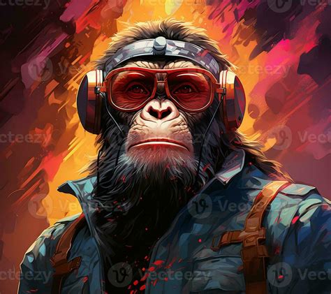 painting of a monkey wearing headphones and a jacket. generative ai ...