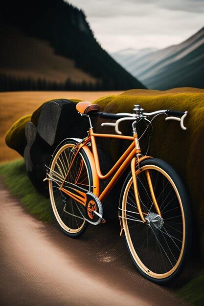 Premium AI Image | An orange bike is parked on a path in front of a mountain range.