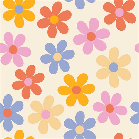 Floral pattern in the style of the 70s with groovy daisy flowers. Retro ...