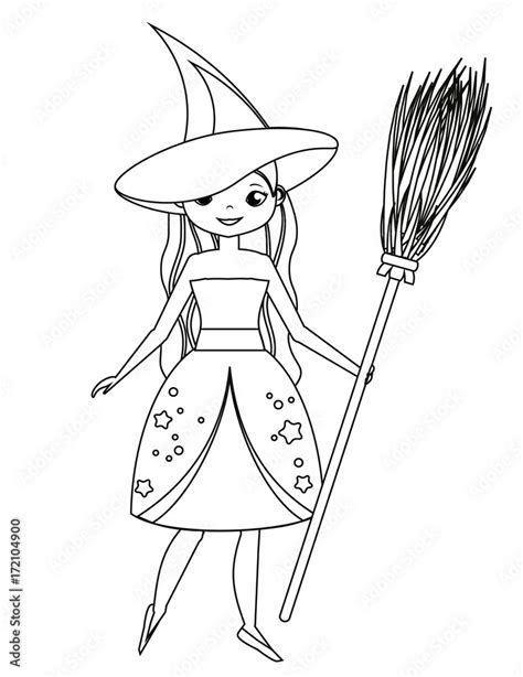 Coloring page for children. Cute witch holding broom. Girl in Halloween costume. Drawing kids ...