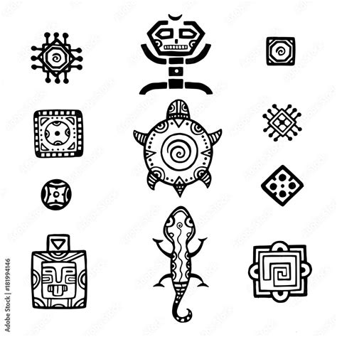 Ancient mexican vector mythology symbols. american aztec, mayan culture native totem patterns ...