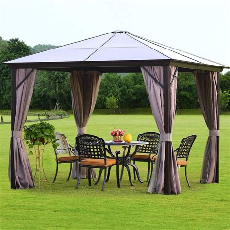 Erommy 10'x10' Outdoor Hardtop Polycarbonate Gazebo Canopy Curtains Aluminum Frame with Netting ...