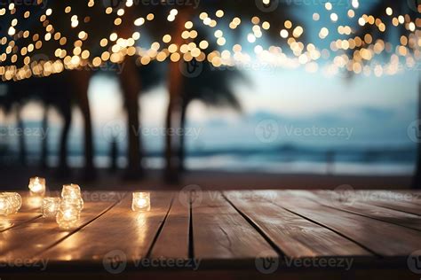 wood table top on blur beach party night background AI Generative ...