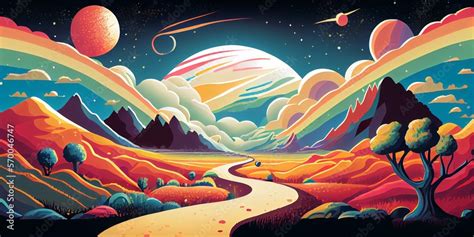 Colorful psychedelic landscape cartoon style wallpaper. 70s Hippie Clouds, Rainbows, sun, space ...