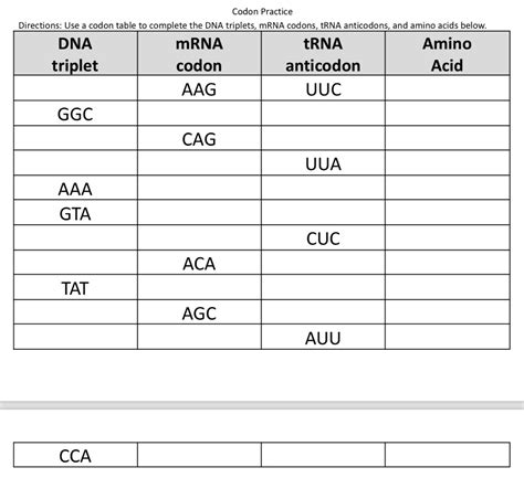 codon practice directions use a codon table to complete the dna triplets mrna codons trna ...