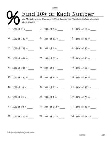 Find 10 Percent Worksheets