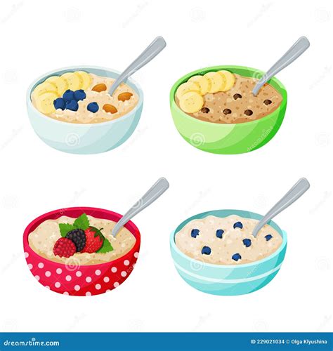 Cartoon Bowl with Porridge Set. Oatmeal and Cereal with Berries, Fruits, Chocolate Drops and ...