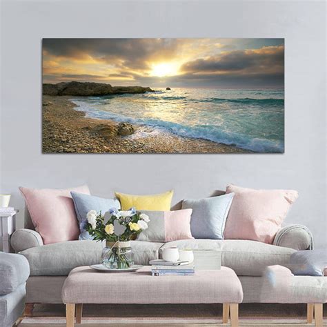 Unframed Beach Canvas Wall Art Print Ocean Wave Sunset Sea Painting for Home Decor, 43"x20 ...