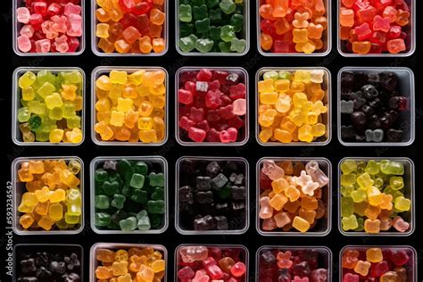 Generative AI illustration of vast array of different gummy bear flavors in open square ...