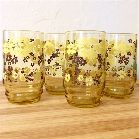 Vintage Floral Juice Glasses Yellow Glass Cups Yellow Flower