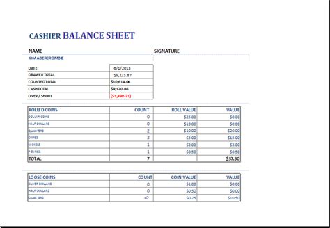 Cash Drawer Balance Sheet Template ~ Excel Templates